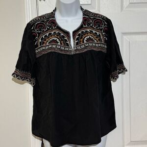 Johnny Was Workshop Silk Blended embroidered Black Short Sleeve Oversize size XS